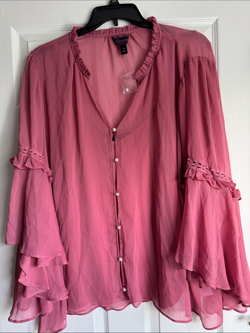 Pink Ruffle Bell-Sleeve Button Blouse